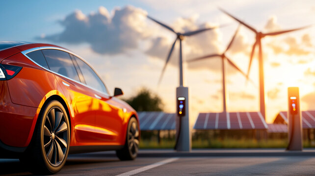 Red Electric Car Charging at Renewable Energy Station During Sunset