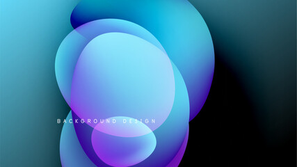 Abstract fluid shapes overlap, creating vibrant blue, purple gradients. Dark background emphasizes luminous forms, modern design element.