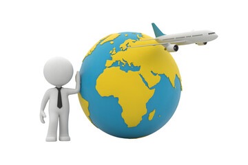 Fototapeta premium 3d business man with globe and airplane flying around the world isolated on transparent background