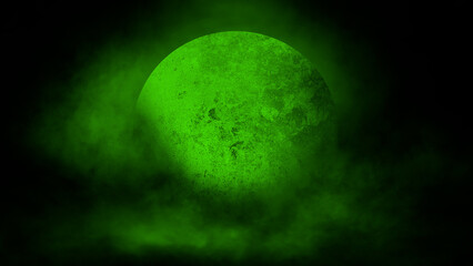 Toxic green moon on cloudy sky with smoke fog. Spotlights night mystical atmosphere.