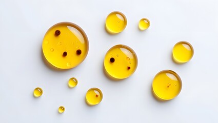 Fototapeta premium High-quality close-up of golden liquid oil drops isolated on white, 3d rendering face serum cosmetic beauty product design elements
