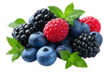 Fresh blueberries blackberries raspberries and mint leaves delight