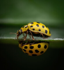 Close-up of yellow ladybug with black spots on green leaf, intricate macro photography
