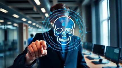 Cybersecurity concept showing a digital skull hologram symbolizing malware, hacking, and cyber threats. Perfect for IT security projects, data protection themes, technology risk awareness, and compute - Powered by Adobe