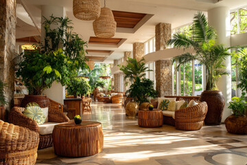 Spacious open air hotel lobby, tropical plants, inviting rattan furniture creates serene