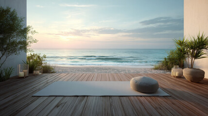 Obraz premium Peaceful yoga deck on ocean beachfront at sunrise offers tranquil escape