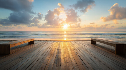 Peaceful beachfront yoga deck at sunrise, wood planks glow with ocean beauty
