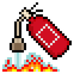 Fire extinguisher spraying fire in pixel art style