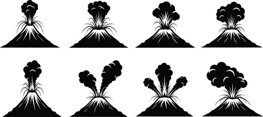 Volcano eruption silhouette, volcanic explosion vector, active volcano smoke, volcanic ash cloud, mountain eruption, natural disaster, volcanic activity illustration