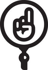 Black outline of a hand with index finger pointing up inside a circle with a handle vector