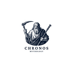 engraved logo of Chronos, the Greek god of time, holding a sickle and a staff. vector illustration