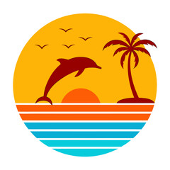 Vector art of dolphin jumping out of the ocean at sunset with palm tree isolated on white background