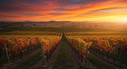 Autumn Vineyard Landscape with Red and Yellow Vines under Dramatic Sunset Sky