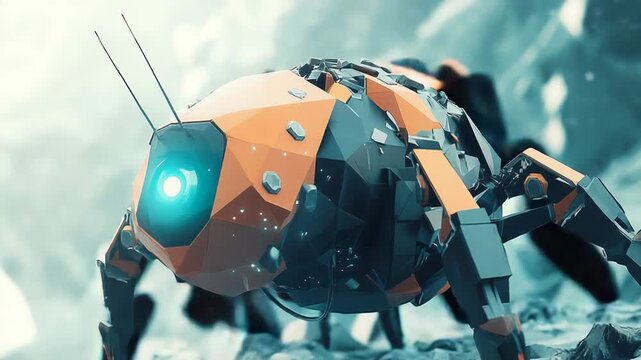Futuristic robot insect exploring icy alien planet landscape