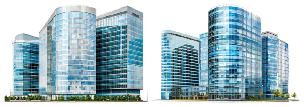 PNG Modern glass office buildings skyline, element set on transparent background