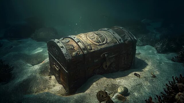 An ancient chest with gold at the bottom of the ocean
