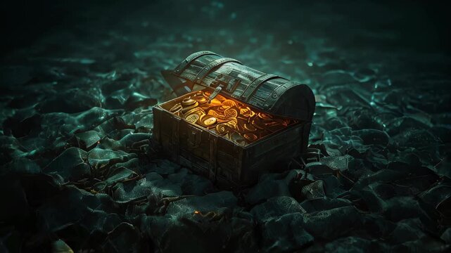 An ancient chest with gold at the bottom of the ocean