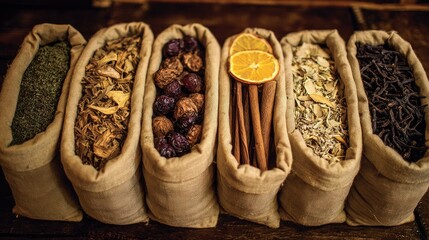 Burlap bags filled with various dried herbs and spices