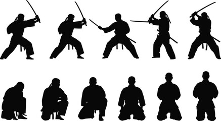 Obraz premium Martial arts samurai silhouette, katana sword fighters, warrior poses, traditional Japanese sword fighting, samurai warriors training, black silhouette vector