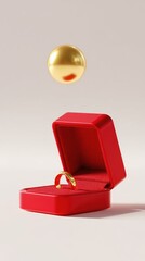 Gold ring in red box, floating sphere
