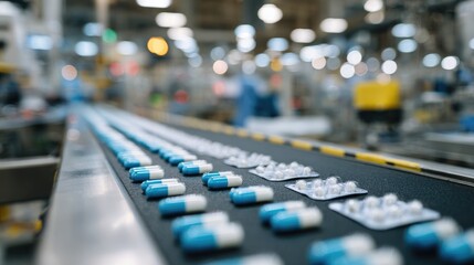 Pharmaceutical pills on a factory conveyor belt