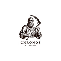 Fototapeta premium engraved logo of Chronos, the Greek god of time, holding a sickle and a staff. vector illustration