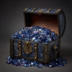 Open antique blue treasure chest filled with many small blue gems