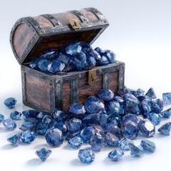 Open wooden treasure chest overflowing with many blue gems
