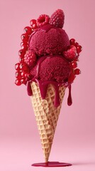 Pink backdrop, berry-topped ice cream cone