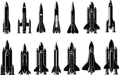 Black silhouette space shuttle rockets, rocket ships vector, spacecraft icons, space exploration design, launch vehicles, aerospace technology, space mission, rocket boosters