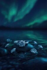 Diamond ring on rocks, reflecting in still water, under a vibrant aurora borealis