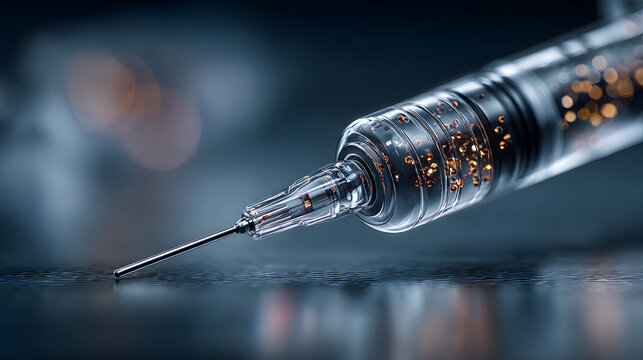 precision and sterility of an injection needle. The ocus is on the needle tip,which is shown in sharp deail against a clean, blurrd background
