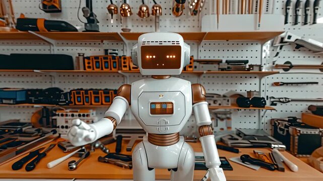 A unique robot stands prominently among an array of hand tools, illustrating the blend of technology and craftsmanship in a workshop