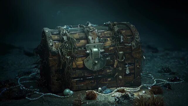 An ancient chest with gold at the bottom of the ocean