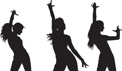 Three female silhouettes dancing with arms raised against a white background woman girl