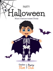 Boy in Skeleton Costume Halloween Invitation Card. Concept of banner, greeting card, invitation, poster. Vector illustration.