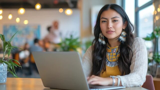 indigenous female entrepreneur working on laptop in modern office , remote job and education, business. native american heritage day, professional workspace. traditional fashion and style