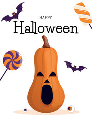 Halloween card with creepy pumpkin and candies. Concept for banner, greeting card, invitation, poster. Vector illustration.