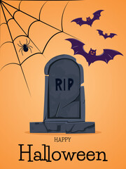 Halloween Party Card with Tombstone, Spider Web and Bats. Concept of banner, greeting card, invitation, poster. Vector illustration.