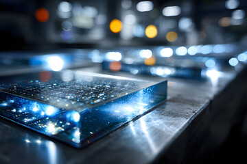 Ultra-pure, polished silicn wafers are laid out unde brilliant blue LED lights highlighting their reflecive surfaces