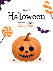 Pumpkin, Candy and bat Halloween Party Vector Invitation. Concept for banner, greeting card, invitation, poster. Vector illustration.