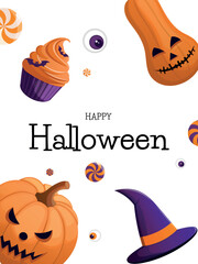 Halloween party invitation with pumpkin, witch hat and pumpkin cupcake. Concept for banner, greeting card, invitation, poster. Vector illustration.