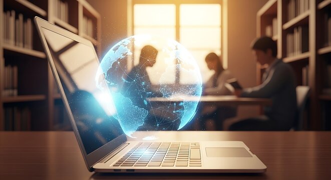 Laptop displaying a holographic globe with people studying in the library behind it