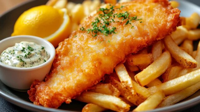 Delight in a plate showcasing perfectly fried fish laid atop crisp fries. A slice of fresh lemon and a dollop of creamy dip add a burst of flavor to each bite.