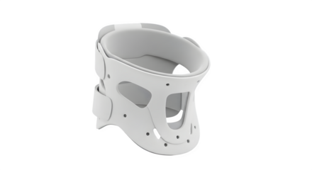White, modern cervical collar floats on a black studio background. Ideal for product shots, medical brochures, or healthcare presentations.