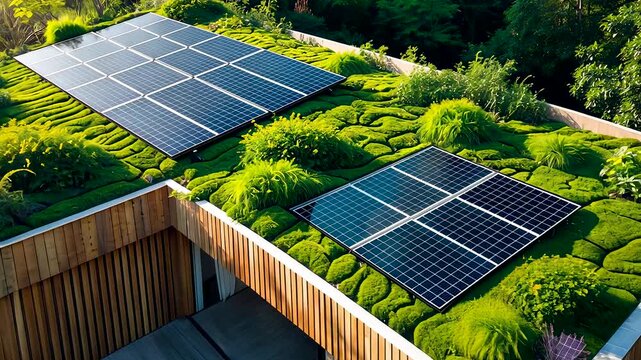 Solar panels installed on modern green rooftop surrounded by lush plants and eco friendly sustainable architecture