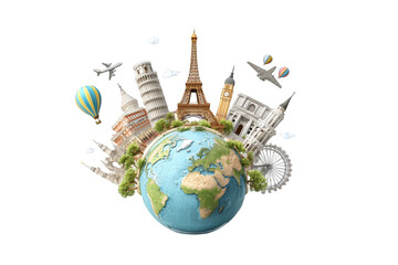 World landmarks surrounding a globe