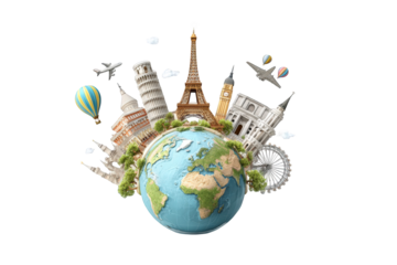 World landmarks surrounding a globe