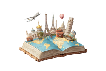 Open book with world map and landmarks