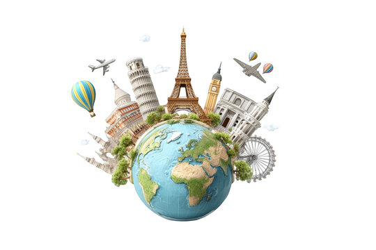 World landmarks surrounding a globe